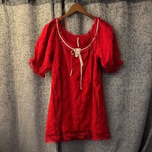 Free People Red Blouse dress with Lace Trim & pockets